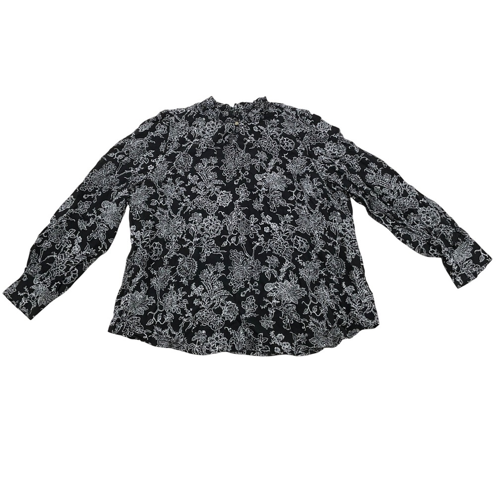 Talbots Blouse Womens XLP Black White Floral Smocked Ruffle Neck Viscose Petite